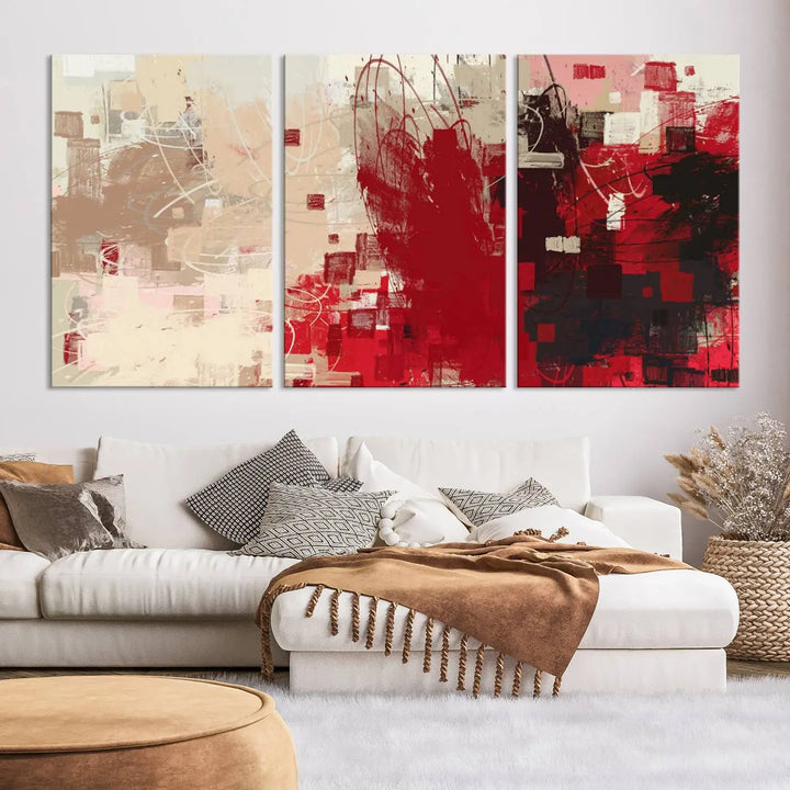 An Abstract Painting Canvas Wall Art in red and beige hues is displayed, ready to hang.