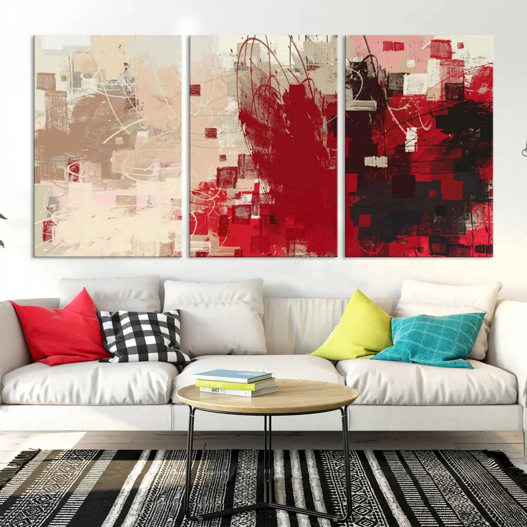 An Abstract Painting Canvas Wall Art in red and beige hues is displayed, ready to hang.