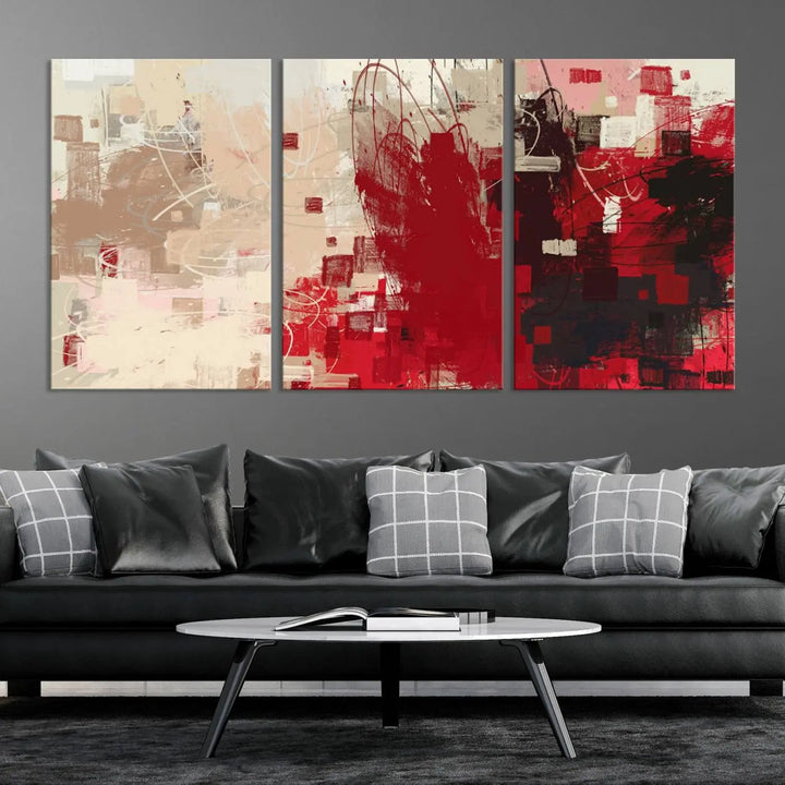 An Abstract Painting Canvas Wall Art in red and beige hues is displayed, ready to hang.