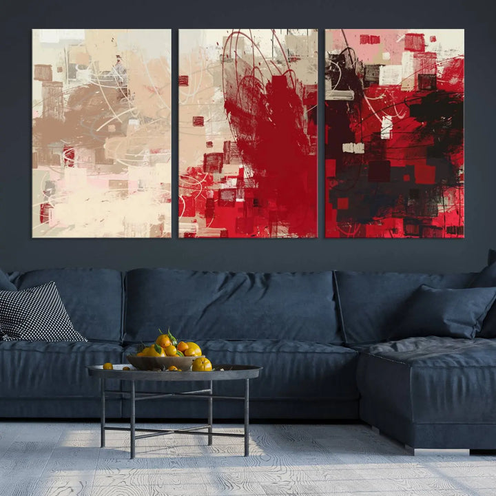 An Abstract Painting Canvas Wall Art in red and beige hues is displayed, ready to hang.