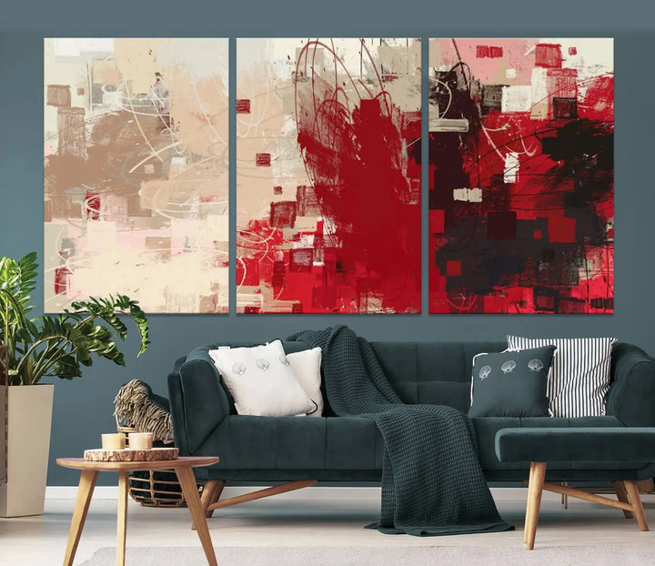 An Abstract Painting Canvas Wall Art in red and beige hues is displayed, ready to hang.