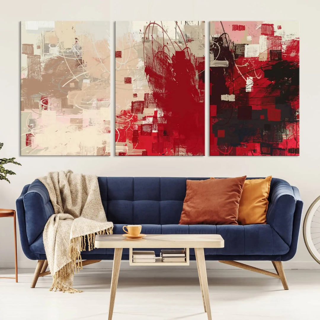 An Abstract Painting Canvas Wall Art in red and beige hues is displayed, ready to hang.