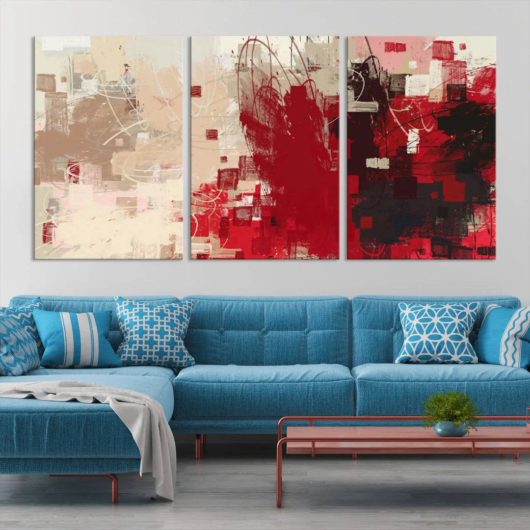 An Abstract Painting Canvas Wall Art in red and beige hues is displayed, ready to hang.