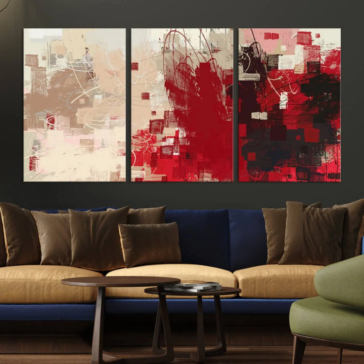 An Abstract Painting Canvas Wall Art in red and beige hues is displayed, ready to hang.