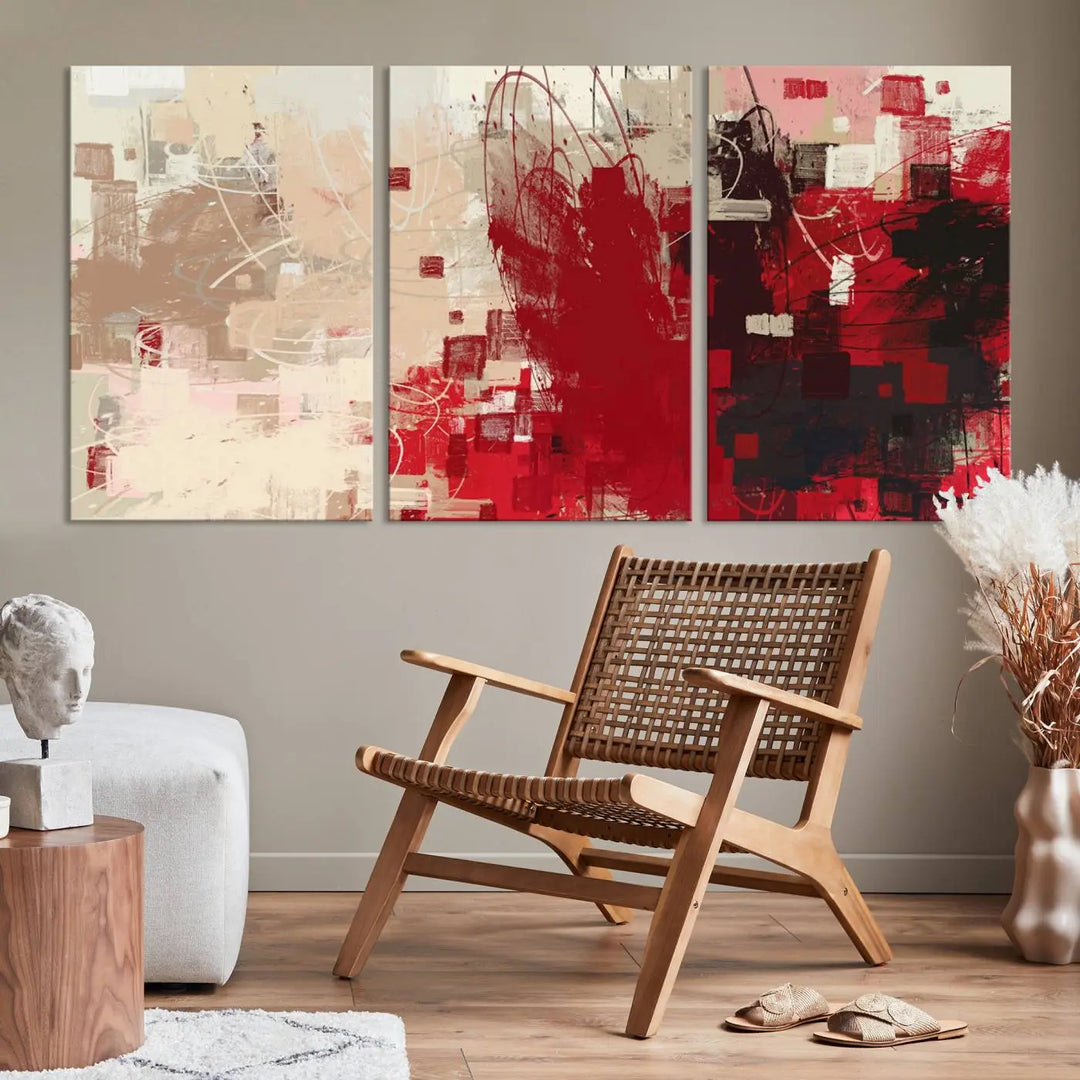 An Abstract Painting Canvas Wall Art in red and beige hues is displayed, ready to hang.