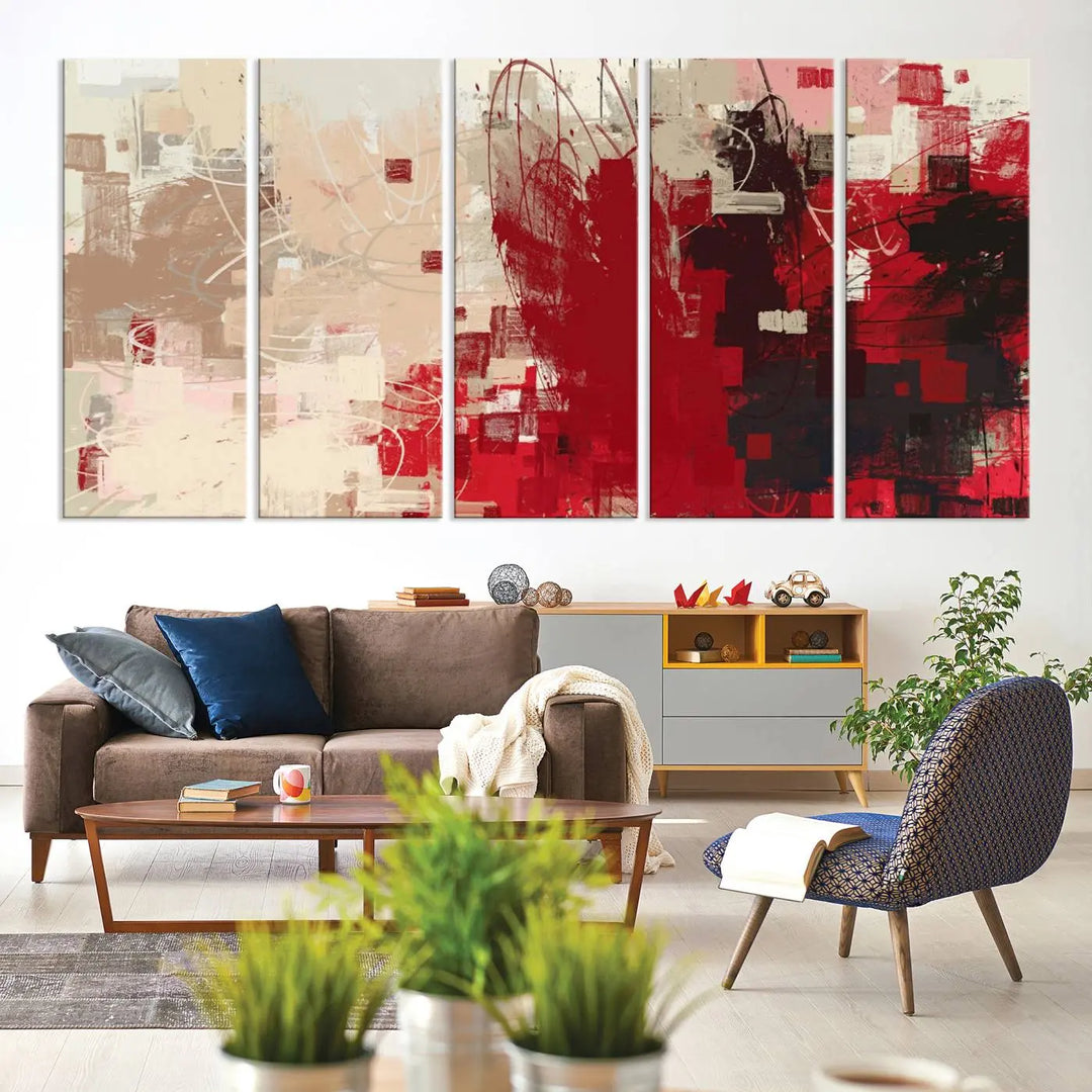 An Abstract Painting Canvas Wall Art in red and beige hues is displayed, ready to hang.