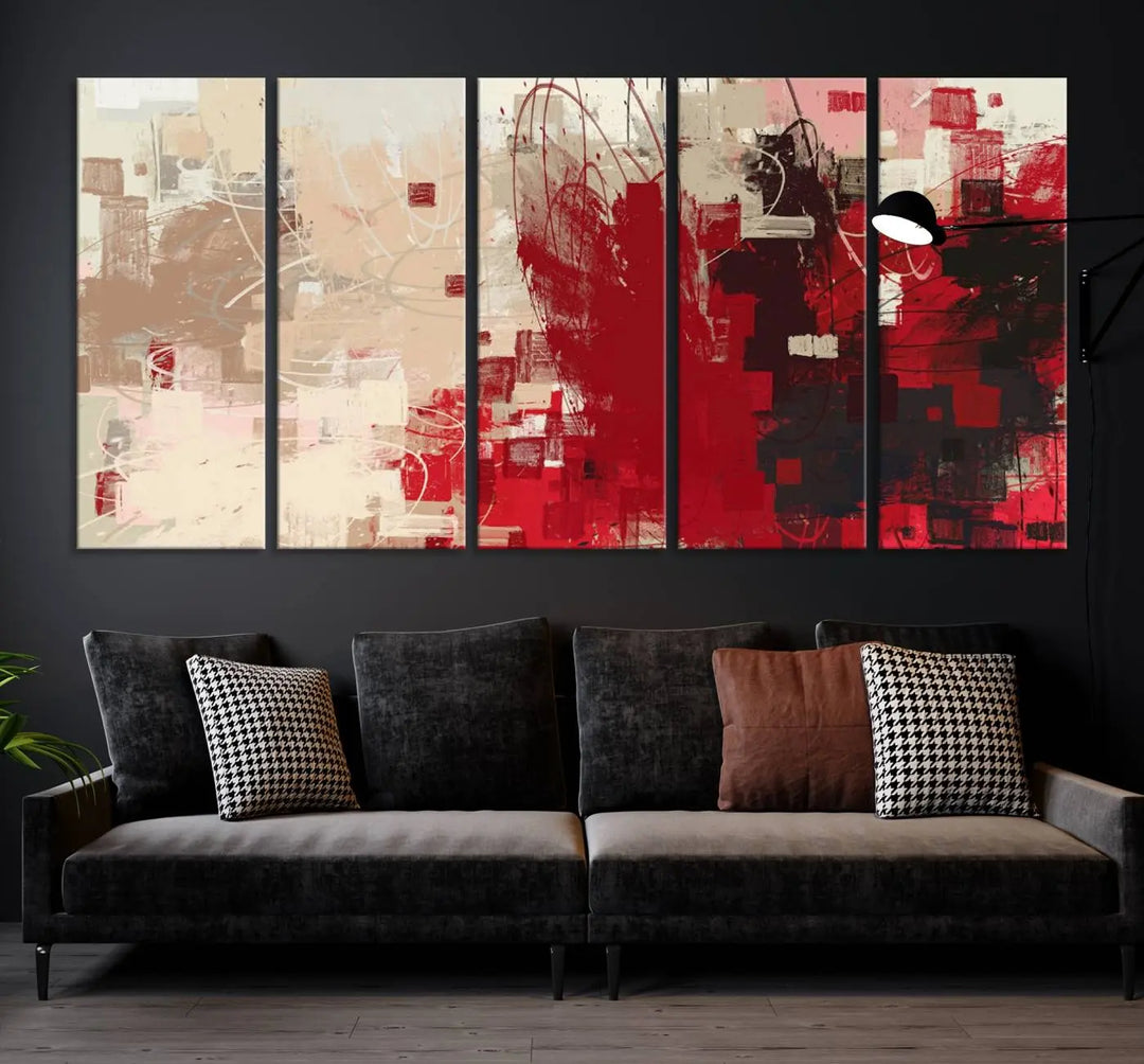 An Abstract Painting Canvas Wall Art in red and beige hues is displayed, ready to hang.