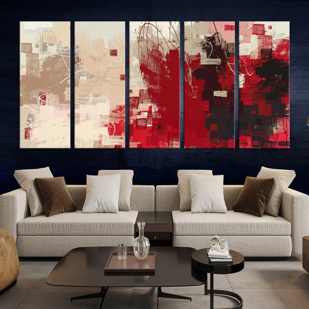 An Abstract Painting Canvas Wall Art in red and beige hues is displayed, ready to hang.