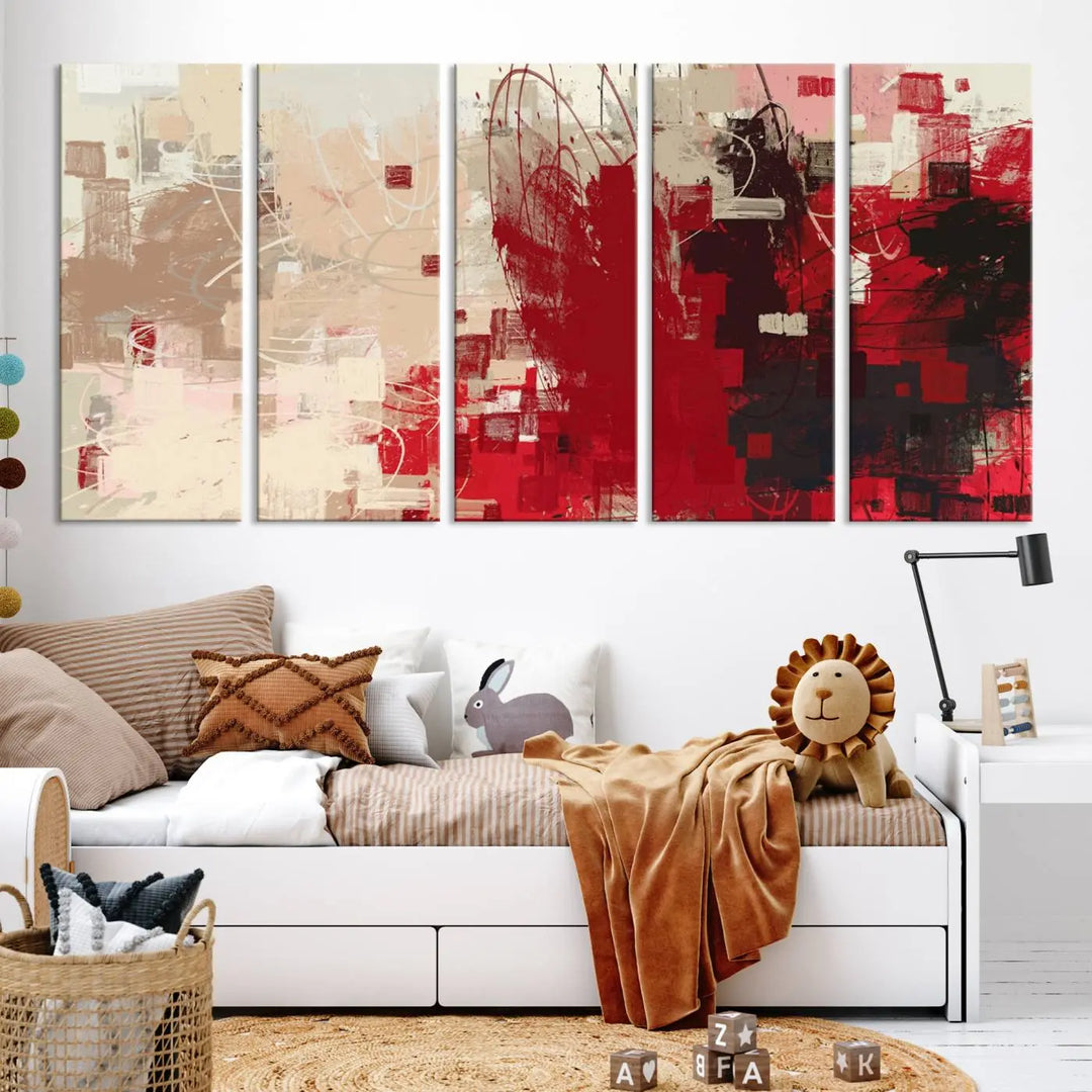 An Abstract Painting Canvas Wall Art in red and beige hues is displayed, ready to hang.