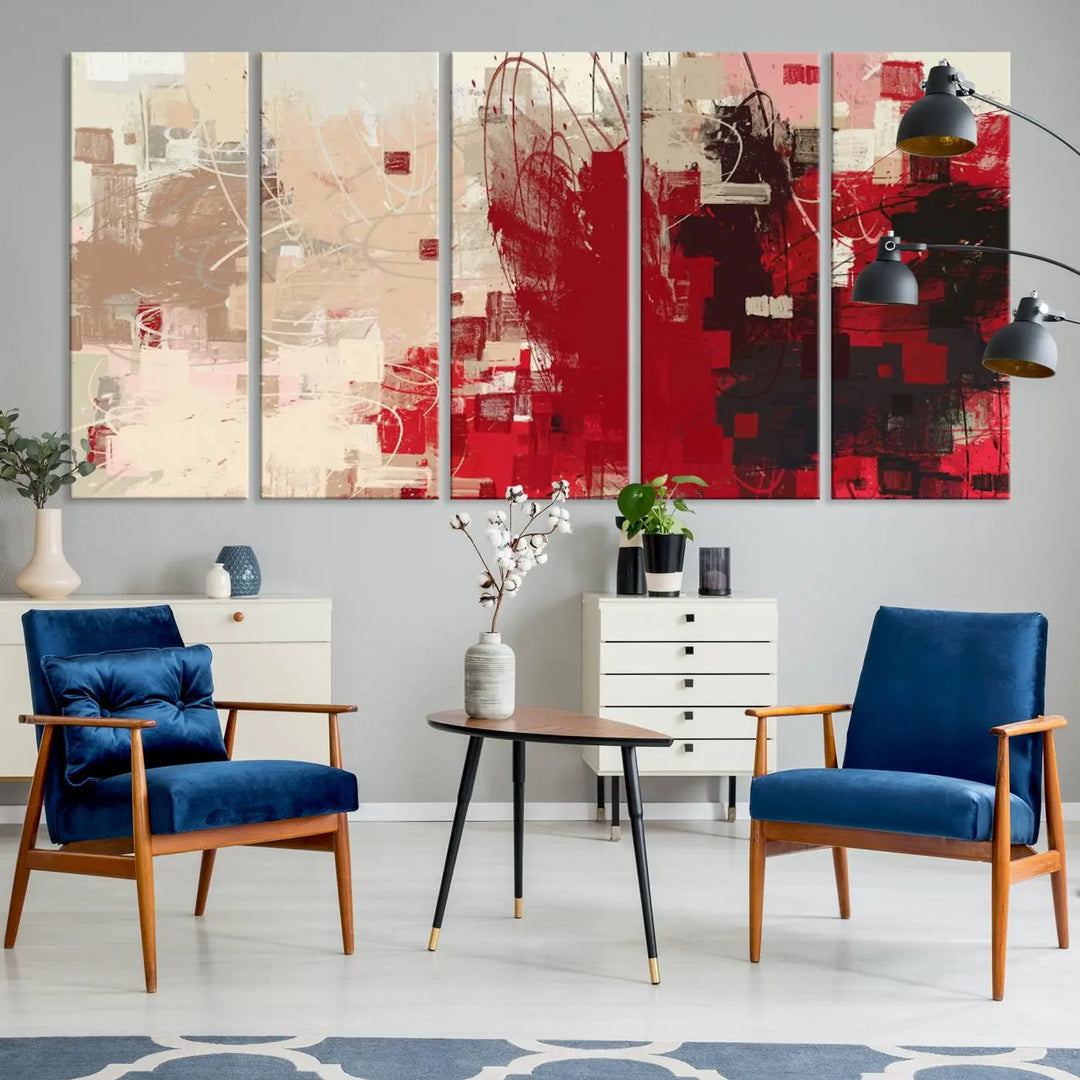 An Abstract Painting Canvas Wall Art in red and beige hues is displayed, ready to hang.