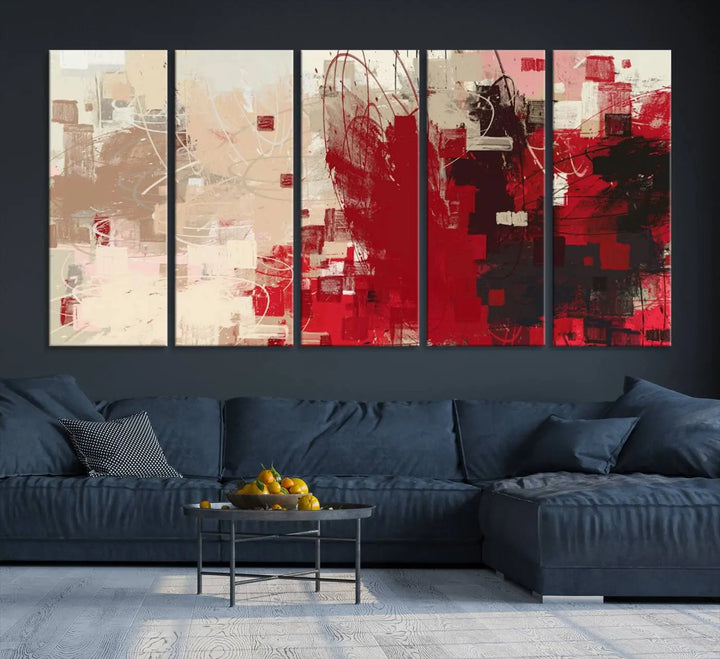 An Abstract Painting Canvas Wall Art in red and beige hues is displayed, ready to hang.