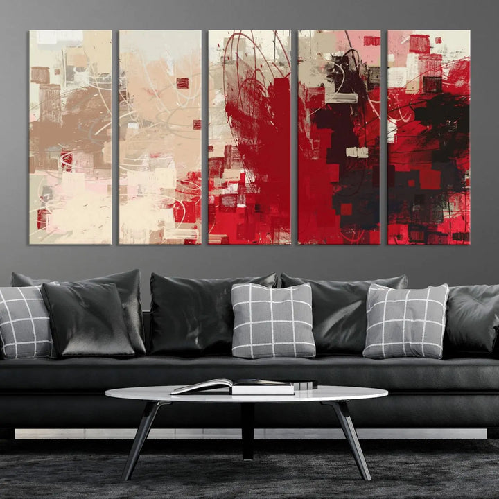 An Abstract Painting Canvas Wall Art in red and beige hues is displayed, ready to hang.