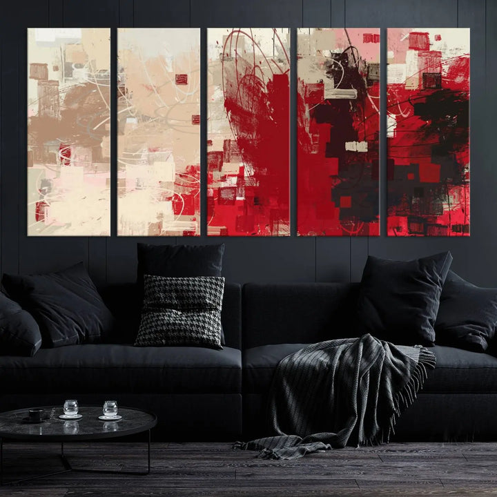 An Abstract Painting Canvas Wall Art in red and beige hues is displayed, ready to hang.