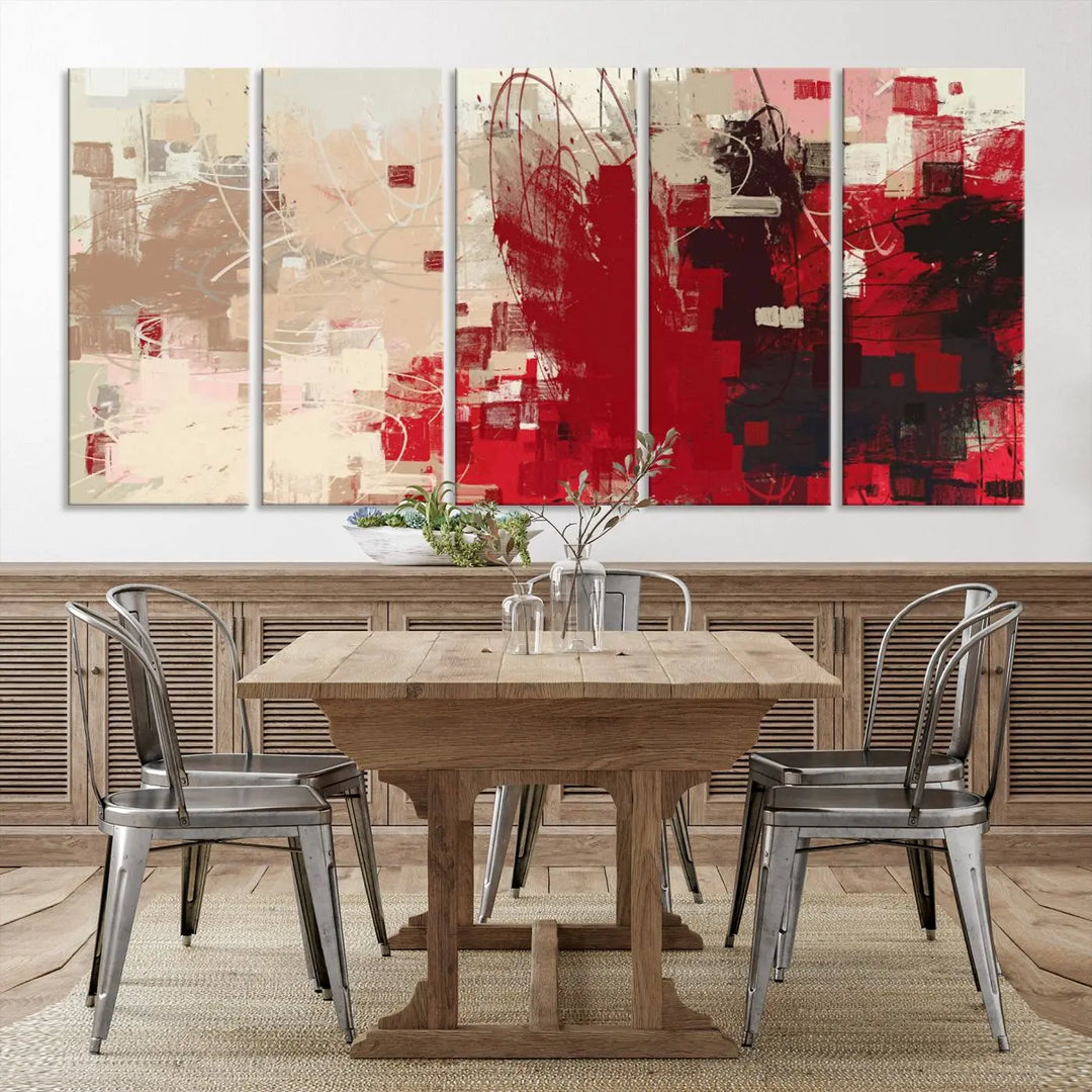 An Abstract Painting Canvas Wall Art in red and beige hues is displayed, ready to hang.