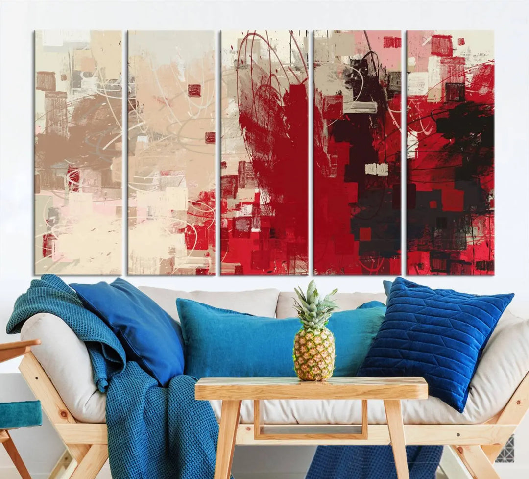 An Abstract Painting Canvas Wall Art in red and beige hues is displayed, ready to hang.