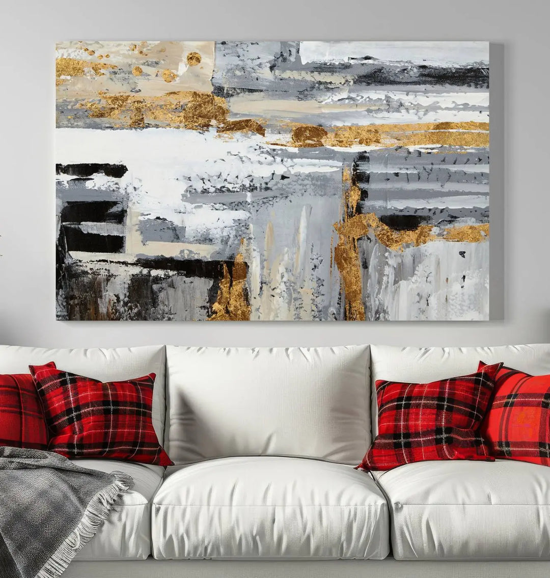 An intriguing abstract painting titled "Abstract Painting Canvas Wall Art Print Paint Drip Art Brush Strokes Gray Artwork" is displayed on a museum-quality canvas with a UV-protective coating. Featuring gold and gray brushstrokes, it hovers elegantly on the wall, perfectly suited to a modern, dimly lit room. Additionally, the artwork is conveniently ready to hang straight from the box.