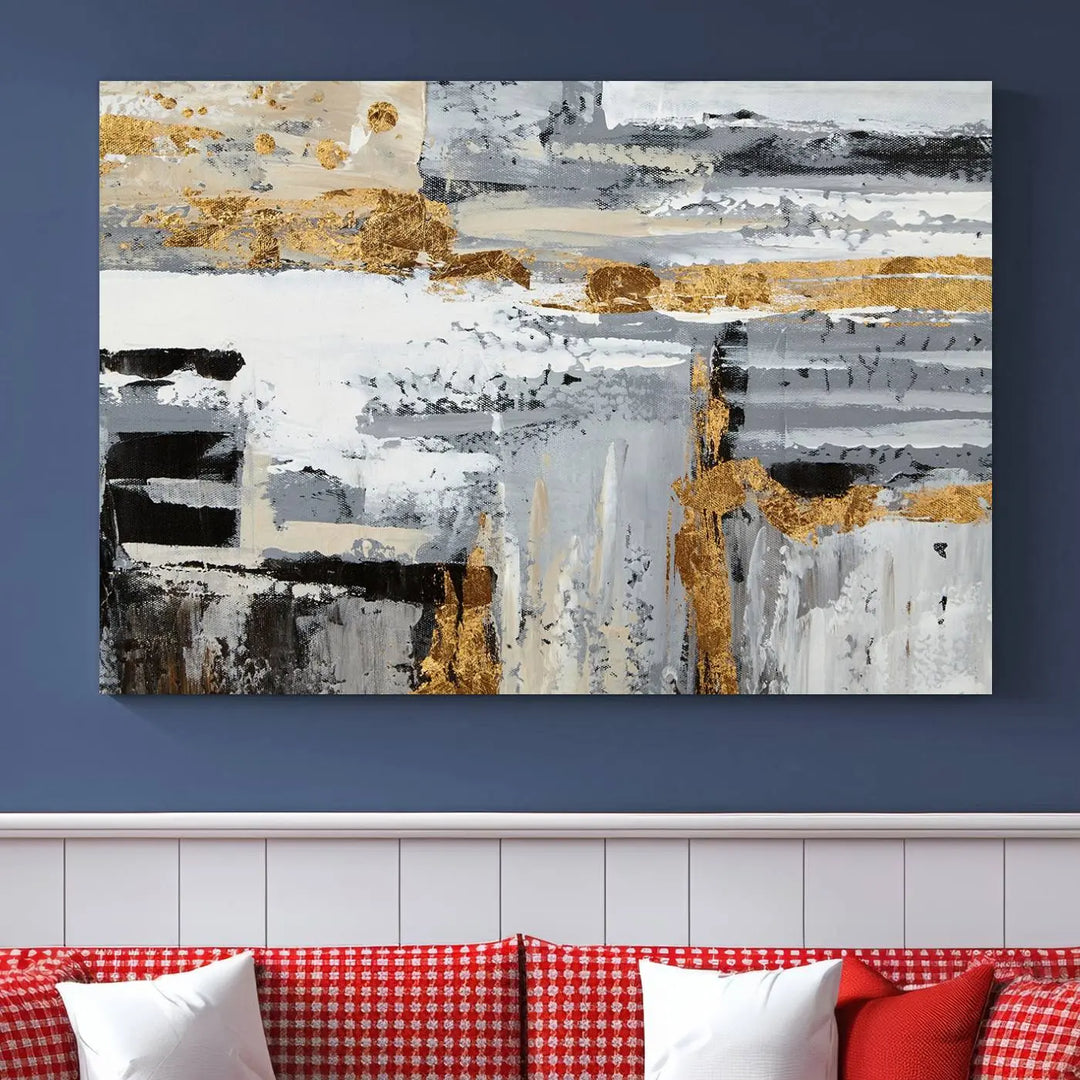 An intriguing abstract painting titled "Abstract Painting Canvas Wall Art Print Paint Drip Art Brush Strokes Gray Artwork" is displayed on a museum-quality canvas with a UV-protective coating. Featuring gold and gray brushstrokes, it hovers elegantly on the wall, perfectly suited to a modern, dimly lit room. Additionally, the artwork is conveniently ready to hang straight from the box.