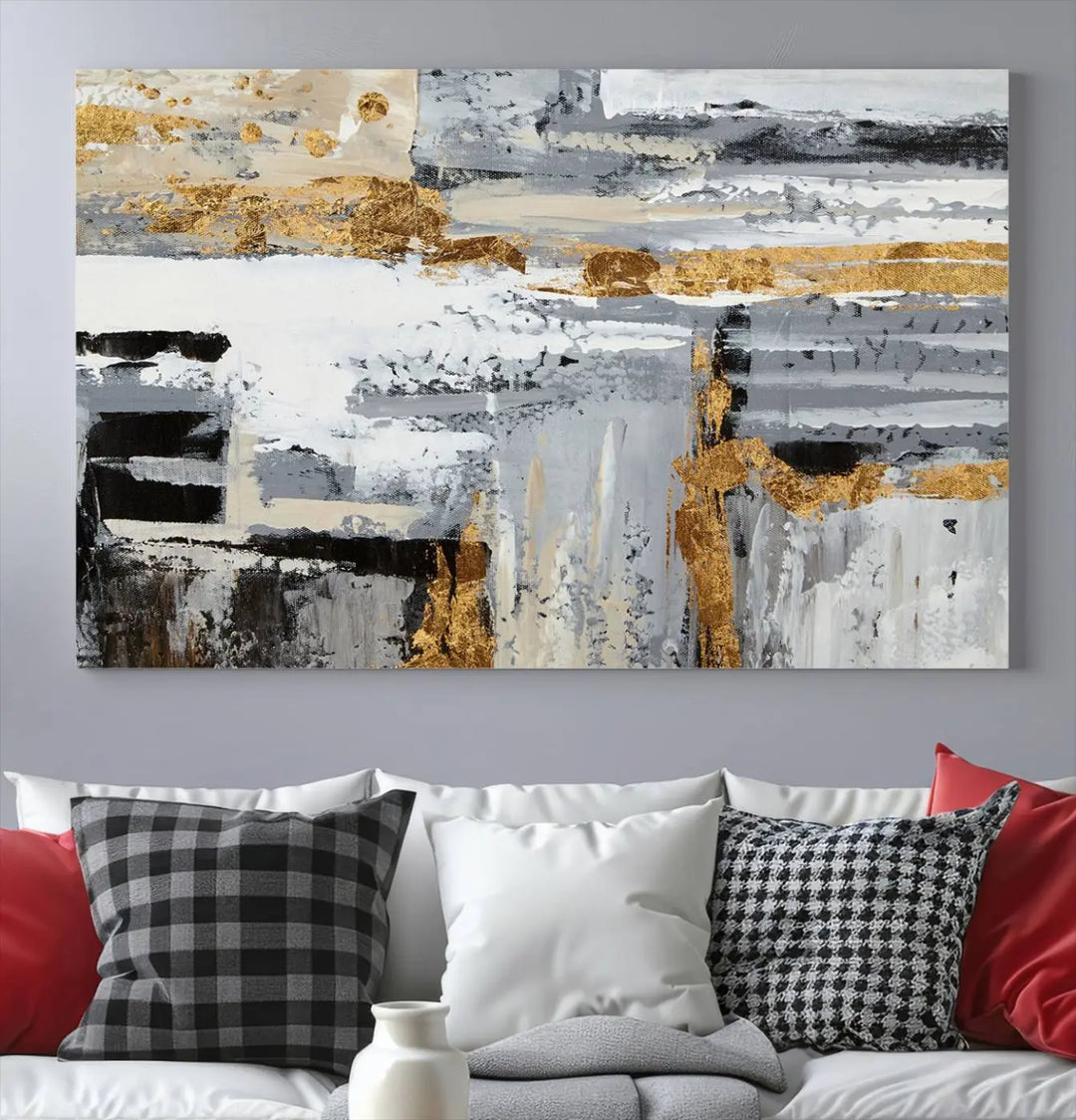 An intriguing abstract painting titled "Abstract Painting Canvas Wall Art Print Paint Drip Art Brush Strokes Gray Artwork" is displayed on a museum-quality canvas with a UV-protective coating. Featuring gold and gray brushstrokes, it hovers elegantly on the wall, perfectly suited to a modern, dimly lit room. Additionally, the artwork is conveniently ready to hang straight from the box.