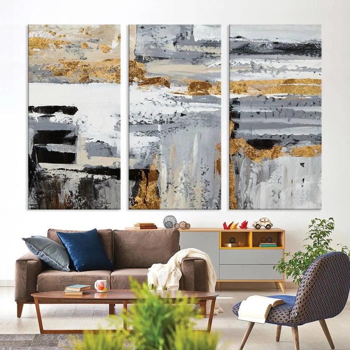 An intriguing abstract painting titled "Abstract Painting Canvas Wall Art Print Paint Drip Art Brush Strokes Gray Artwork" is displayed on a museum-quality canvas with a UV-protective coating. Featuring gold and gray brushstrokes, it hovers elegantly on the wall, perfectly suited to a modern, dimly lit room. Additionally, the artwork is conveniently ready to hang straight from the box.