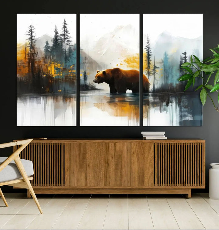Abstract Rustic Bear Canvas Wall Art Print - Abstract Forest and Mountain Scene - Nature Artwork for Modern Farmhouse or Log Cabin Decor