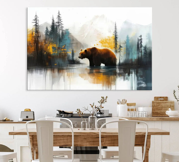 Abstract Rustic Bear Canvas Wall Art Print - Abstract Forest and Mountain Scene - Nature Artwork for Modern Farmhouse or Log Cabin Decor