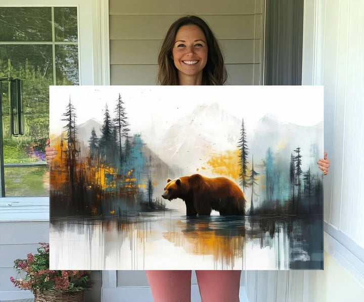 Abstract Rustic Bear Canvas Wall Art Print - Abstract Forest and Mountain Scene - Nature Artwork for Modern Farmhouse or Log Cabin Decor