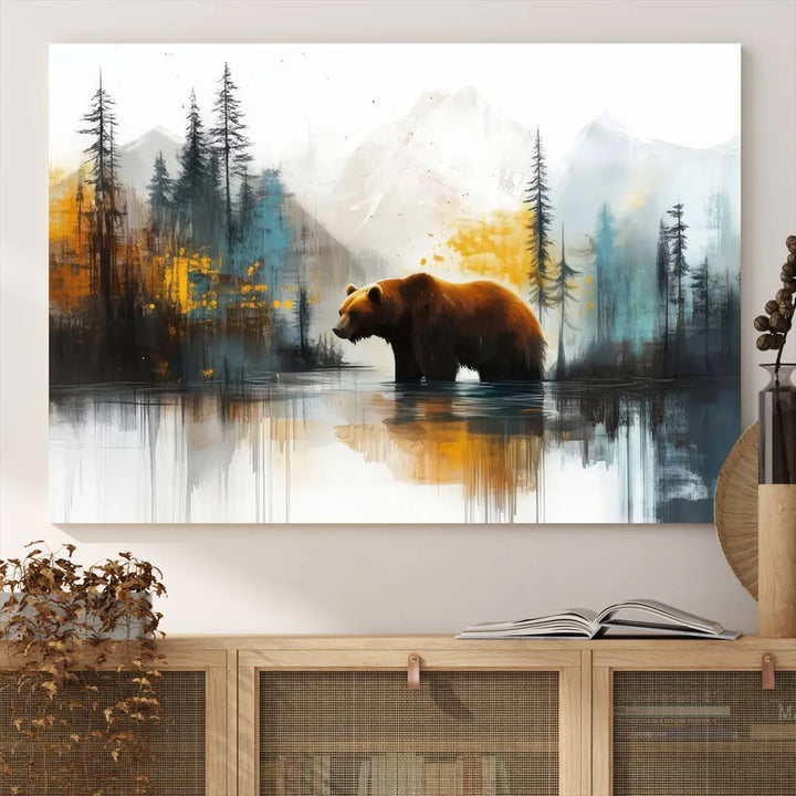 Abstract Rustic Bear Canvas Wall Art Print - Abstract Forest and Mountain Scene - Nature Artwork for Modern Farmhouse or Log Cabin Decor