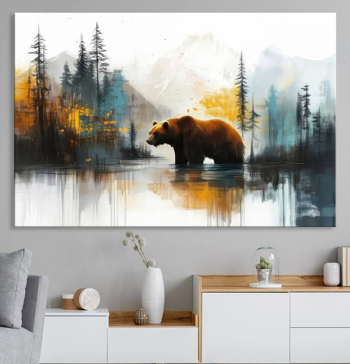 Abstract Rustic Bear Canvas Wall Art Print - Abstract Forest and Mountain Scene - Nature Artwork for Modern Farmhouse or Log Cabin Decor