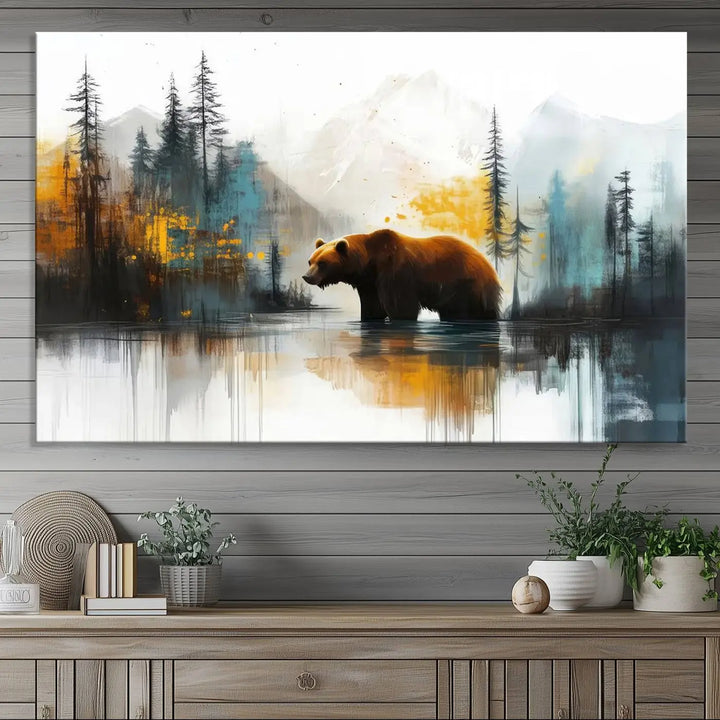 Abstract Rustic Bear Canvas Wall Art Print - Abstract Forest and Mountain Scene - Nature Artwork for Modern Farmhouse or Log Cabin Decor