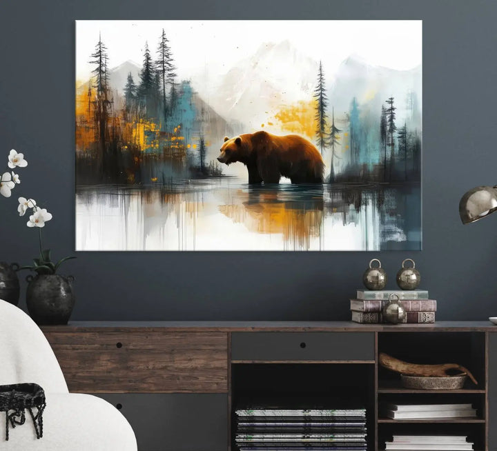 Abstract Rustic Bear Canvas Wall Art Print - Abstract Forest and Mountain Scene - Nature Artwork for Modern Farmhouse or Log Cabin Decor