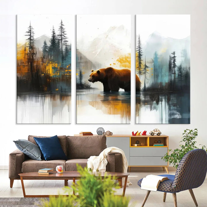 Abstract Rustic Bear Canvas Wall Art Print - Abstract Forest and Mountain Scene - Nature Artwork for Modern Farmhouse or Log Cabin Decor