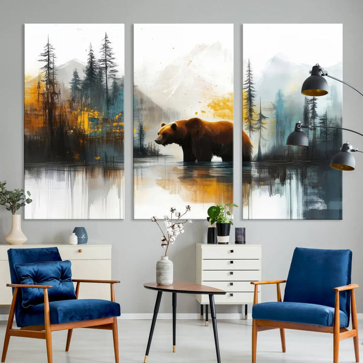 Abstract Rustic Bear Canvas Wall Art Print - Abstract Forest and Mountain Scene - Nature Artwork for Modern Farmhouse or Log Cabin Decor
