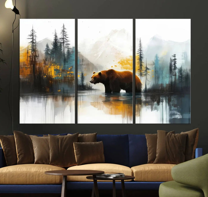 Abstract Rustic Bear Canvas Wall Art Print - Abstract Forest and Mountain Scene - Nature Artwork for Modern Farmhouse or Log Cabin Decor