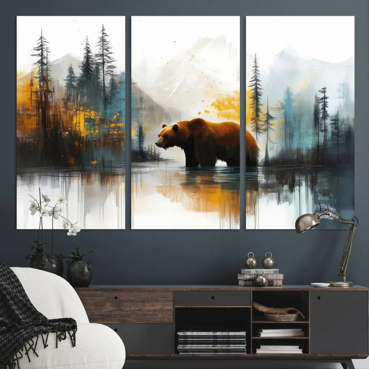 Abstract Rustic Bear Canvas Wall Art Print - Abstract Forest and Mountain Scene - Nature Artwork for Modern Farmhouse or Log Cabin Decor