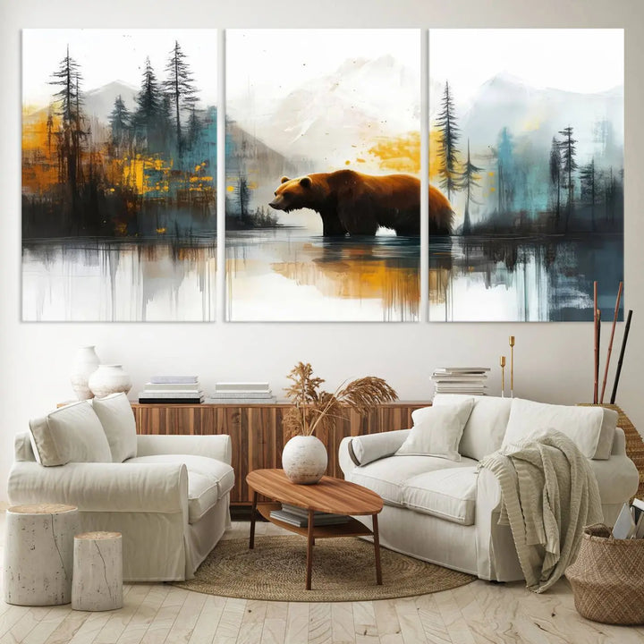 Abstract Rustic Bear Canvas Wall Art Print - Abstract Forest and Mountain Scene - Nature Artwork for Modern Farmhouse or Log Cabin Decor