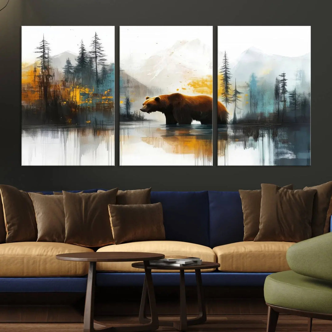 Abstract Rustic Bear Canvas Wall Art Print - Abstract Forest and Mountain Scene - Nature Artwork for Modern Farmhouse or Log Cabin Decor