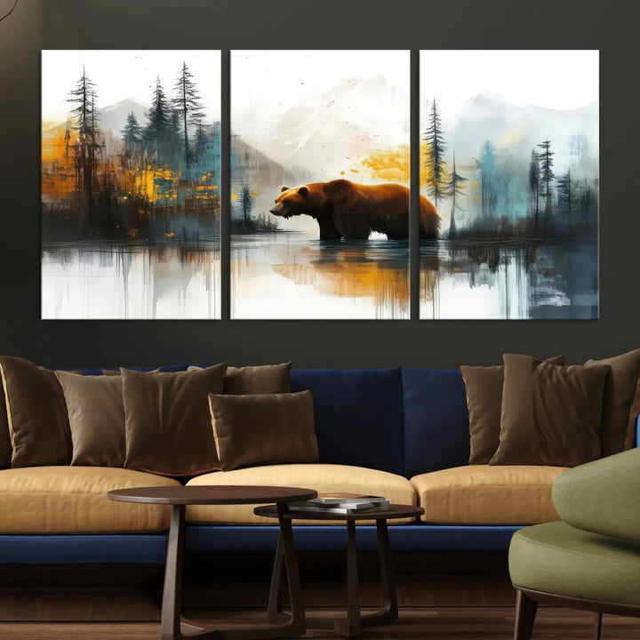 Abstract Rustic Bear Canvas Wall Art Print - Abstract Forest and Mountain Scene - Nature Artwork for Modern Farmhouse or Log Cabin Decor