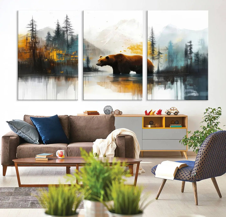 Abstract Rustic Bear Canvas Wall Art Print - Abstract Forest and Mountain Scene - Nature Artwork for Modern Farmhouse or Log Cabin Decor