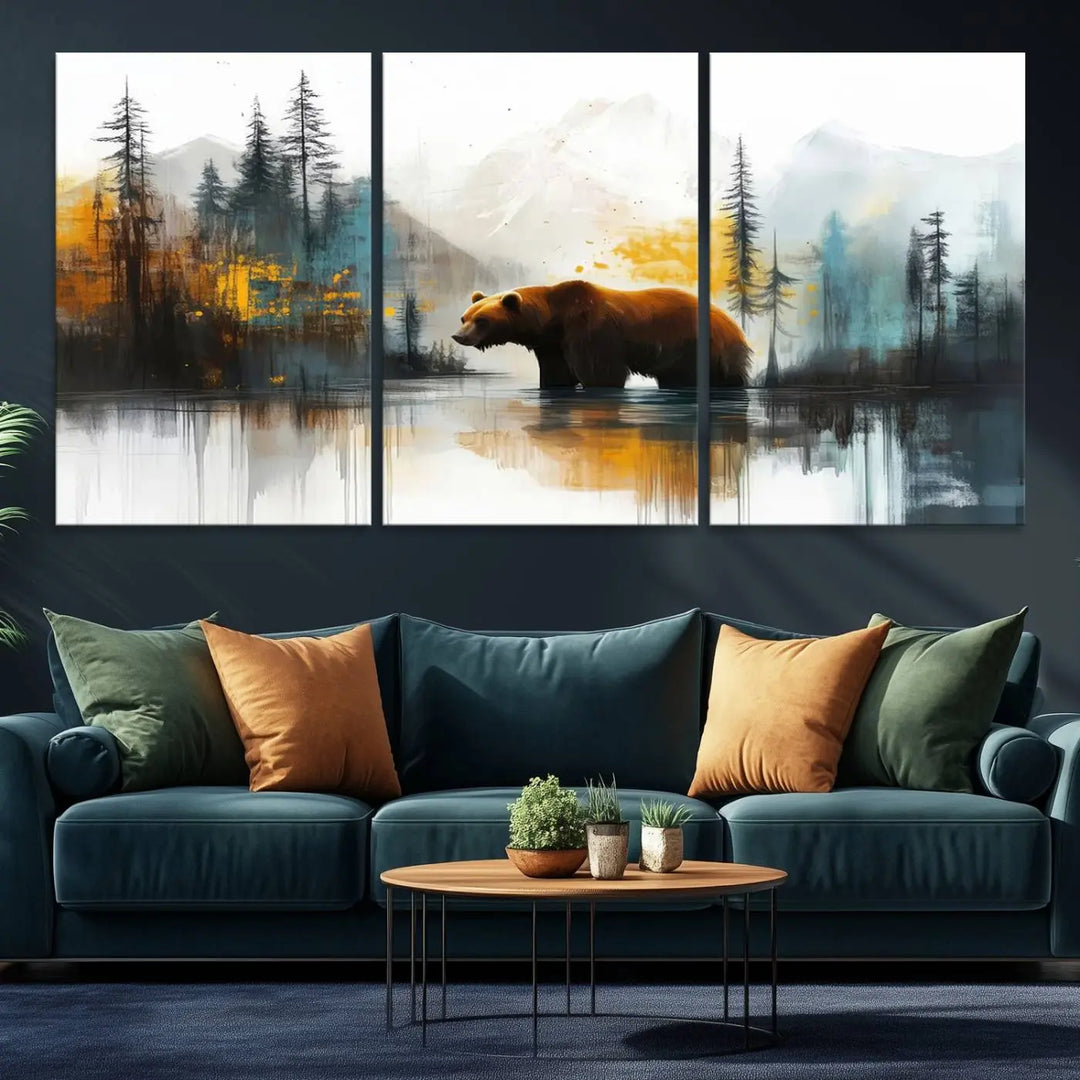 Abstract Rustic Bear Canvas Wall Art Print - Abstract Forest and Mountain Scene - Nature Artwork for Modern Farmhouse or Log Cabin Decor