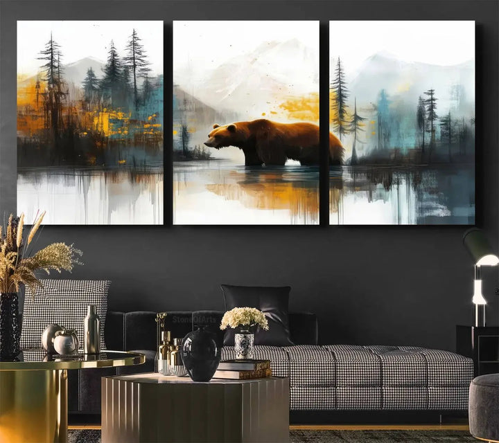 Abstract Rustic Bear Canvas Wall Art Print - Abstract Forest and Mountain Scene - Nature Artwork for Modern Farmhouse or Log Cabin Decor