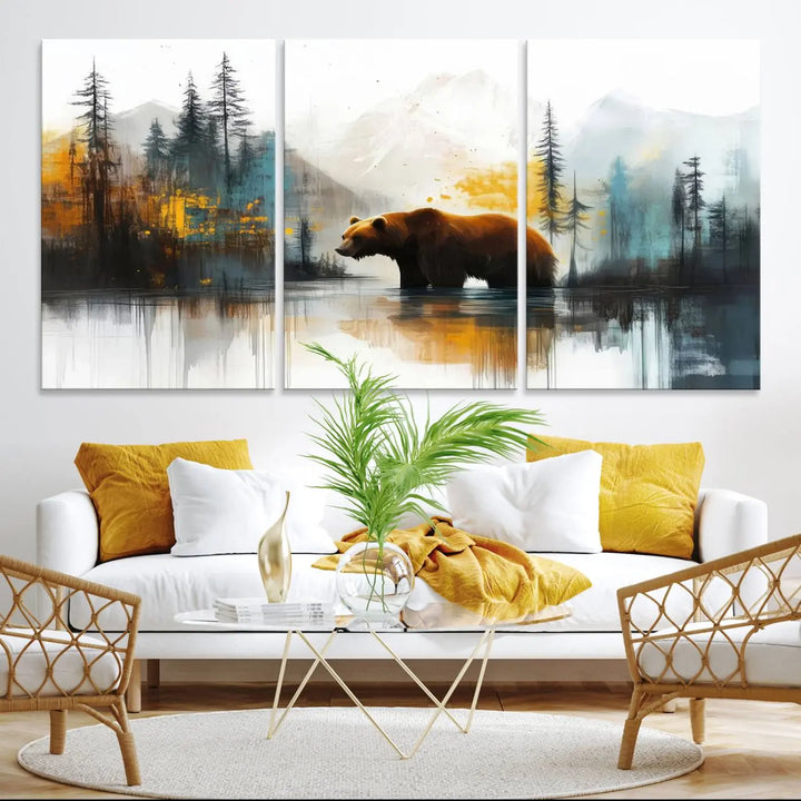 Abstract Rustic Bear Canvas Wall Art Print - Abstract Forest and Mountain Scene - Nature Artwork for Modern Farmhouse or Log Cabin Decor