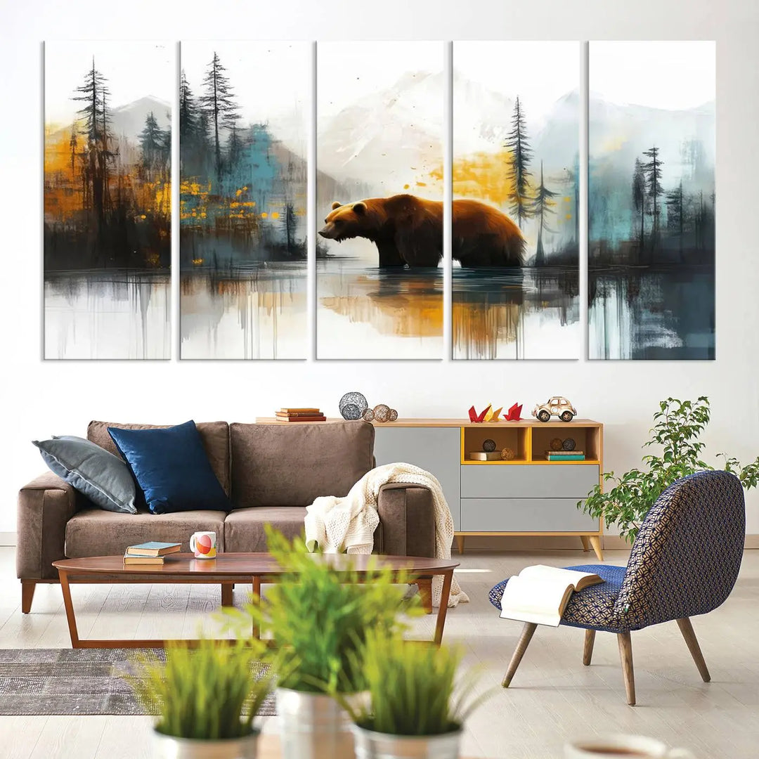Abstract Rustic Bear Canvas Wall Art Print - Abstract Forest and Mountain Scene - Nature Artwork for Modern Farmhouse or Log Cabin Decor