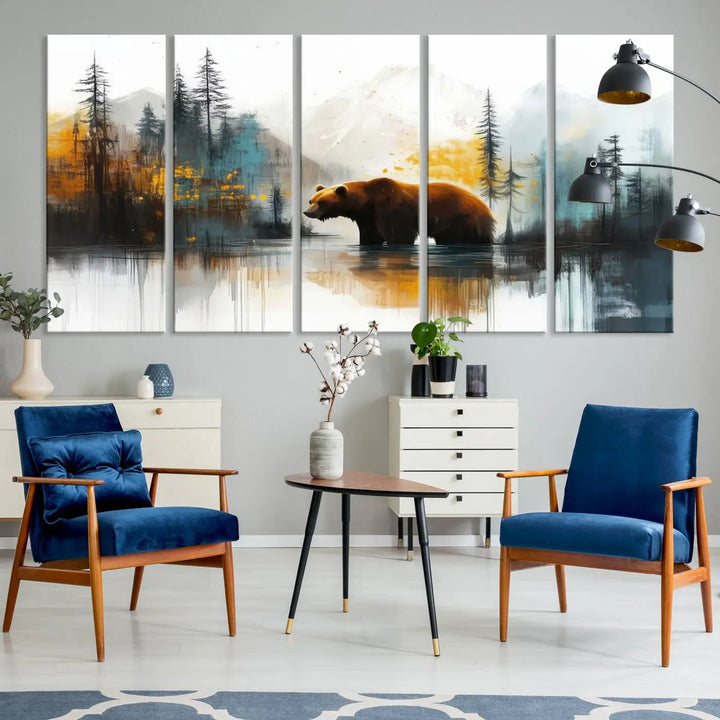 Abstract Rustic Bear Canvas Wall Art Print - Abstract Forest and Mountain Scene - Nature Artwork for Modern Farmhouse or Log Cabin Decor