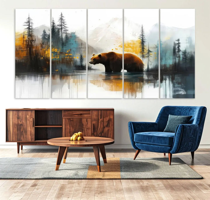 Abstract Rustic Bear Canvas Wall Art Print - Abstract Forest and Mountain Scene - Nature Artwork for Modern Farmhouse or Log Cabin Decor