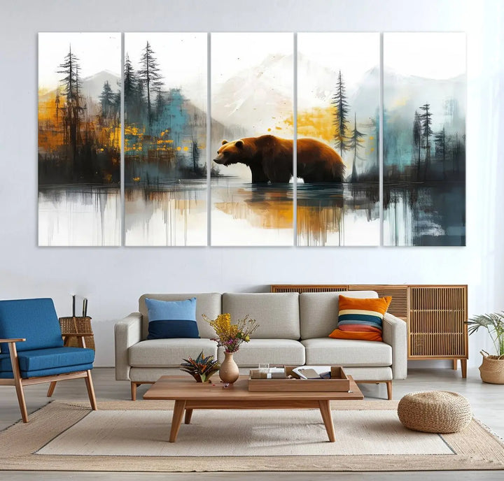 Abstract Rustic Bear Canvas Wall Art Print - Abstract Forest and Mountain Scene - Nature Artwork for Modern Farmhouse or Log Cabin Decor