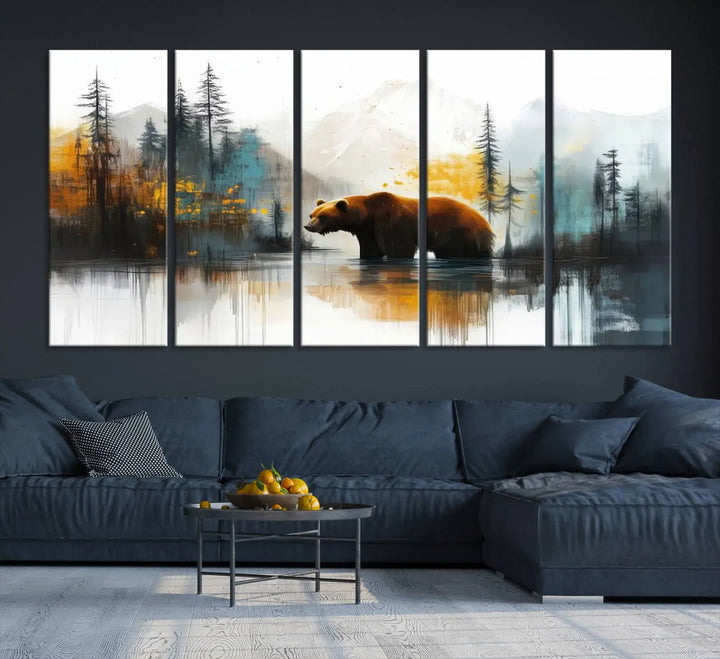 Abstract Rustic Bear Canvas Wall Art Print - Abstract Forest and Mountain Scene - Nature Artwork for Modern Farmhouse or Log Cabin Decor