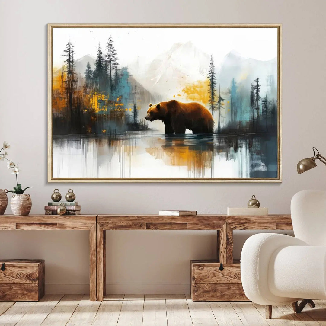 Abstract Rustic Bear Canvas Wall Art Print - Abstract Forest and Mountain Scene - Nature Artwork for Modern Farmhouse or Log Cabin Decor