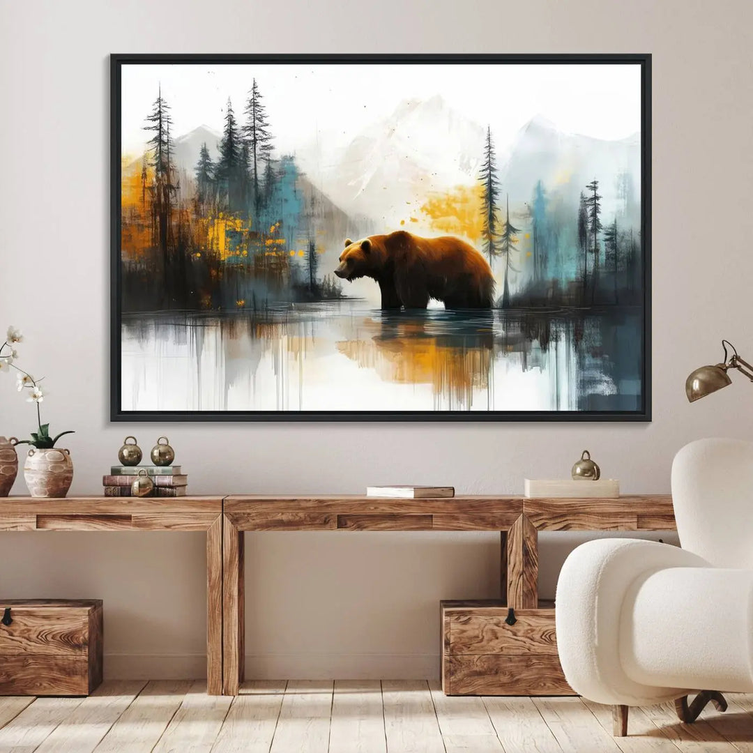 The wall art in the dining room is an Abstract Rustic Bear Canvas featuring a forest and mountain scene, perfect for farmhouse decor.