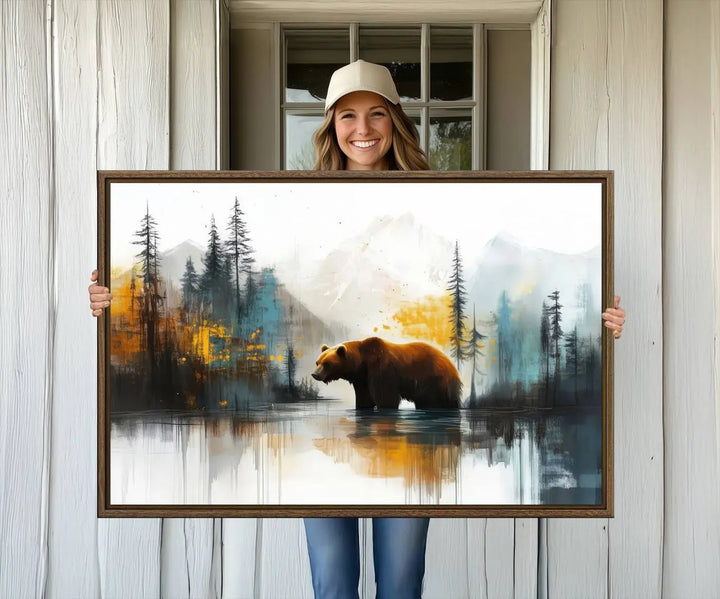 The wall art in the dining room is an Abstract Rustic Bear Canvas featuring a forest and mountain scene, perfect for farmhouse decor.