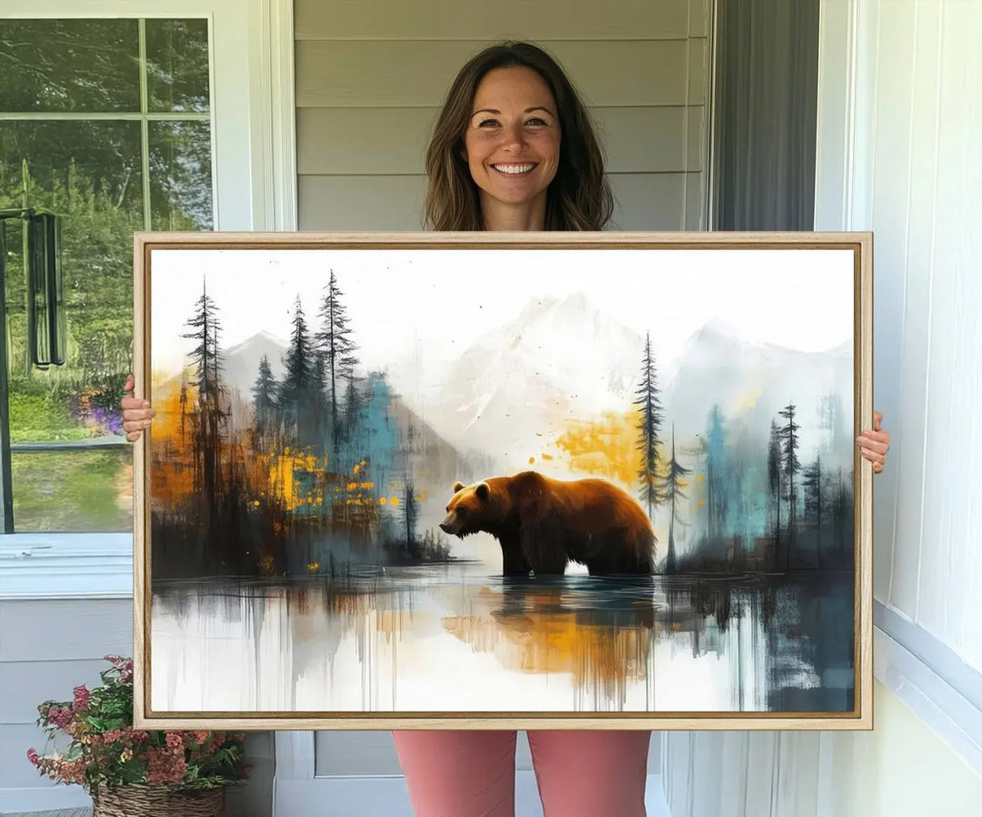 The wall art in the dining room is an Abstract Rustic Bear Canvas featuring a forest and mountain scene, perfect for farmhouse decor.